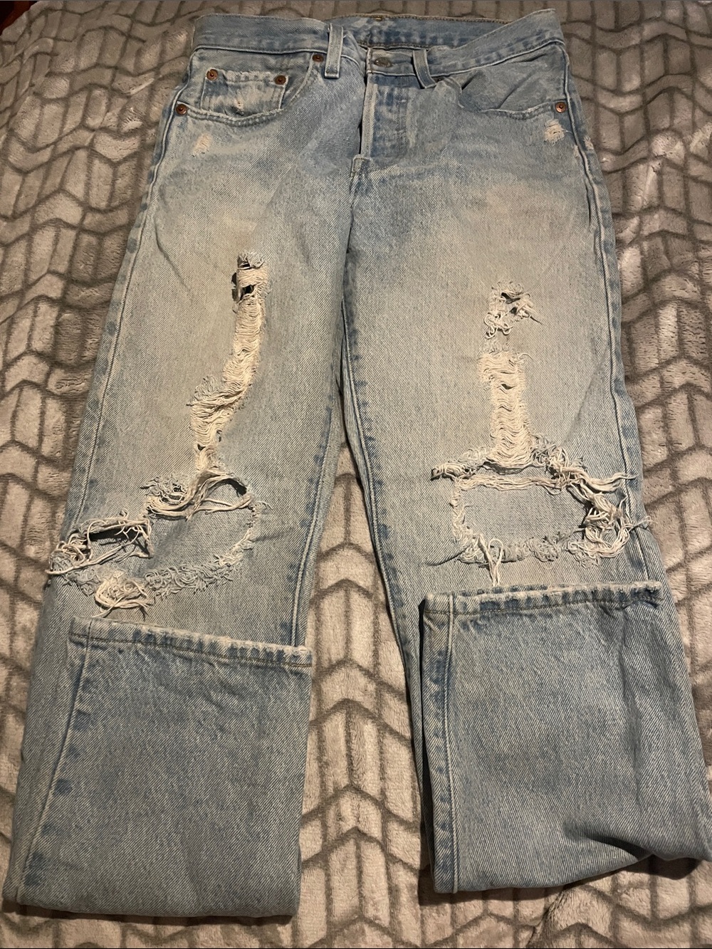 Levi's 501 Light Blue Denim Jeans with Distressed Knees